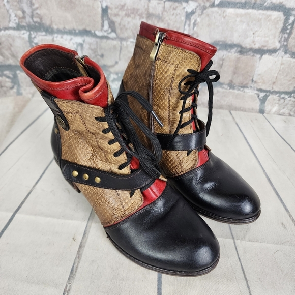 Spring Step L'ARTISTE 3 Tone Leather Ankle Boot Reptile Tan Black Size 37 - Picture 5 of 16